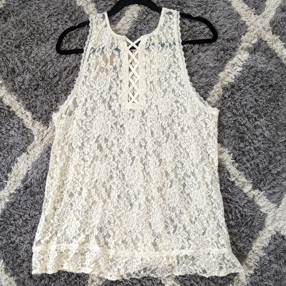 American Eagle Outfitters Tops - NWT American Eagle Outfitters Sheer Mesh Lace Cross Back Sleeveless Tank Size L